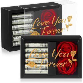 Valentine's Day Money Gift Boxes for Cash Love You Forever Money Box for Cash Gift Money Gift with 2 Velvet Rose Flower 6 Acrylic Money Tubes for Husband Wife Anniversary Birthday
