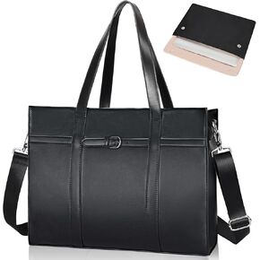 ESTARER Women's Laptop Leather Bag, 15.6 Inch Teacher Tote Bag with Removable Laptop Sleeve, Large Water-Resistant Shoulder Bag, Laptop Bag for Work/Travel/Office (3Pcs, Black)