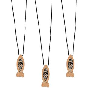 Fun Express Wooden Jesus Fish Necklaces - Bulk Set of 12 - Church, VBS and Sunday School Handout Jewelry