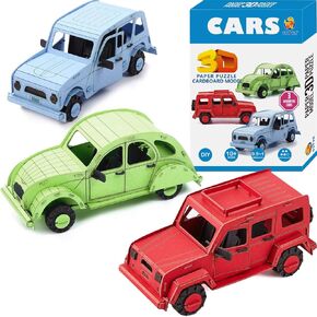 3D Paper Puzzle, 3 Assorted Cars, 3D Cardboard Model Car kit, DIY Set for Child, Educational Craft Puzzles, Gift for Boys