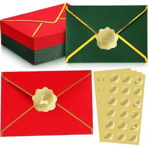 100 Pcs Christmas Red and Green Envelopes 5 x 7 Inch Gold Embossed Wax Seal Letter Envelopes Envelopes with Gold Embossed Stickers for Graduation Invitation Wedding Greeting
