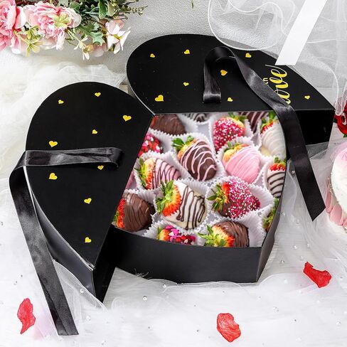 صندوق على شكل قلب لعيد الحب مع شريط من الورق المقوى على شكل قلب، صندوق زهور، صندوق هدايا دوار من الزهور لترتيبات الزهور الفاخرة والهدايا، عيد الأم، عيد ميلاد الزفاف (أسود) in Kuwait