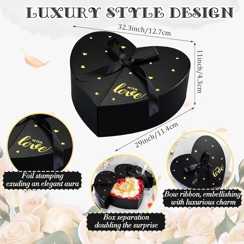 صندوق على شكل قلب لعيد الحب مع شريط من الورق المقوى على شكل قلب، صندوق زهور، صندوق هدايا دوار من الزهور لترتيبات الزهور الفاخرة والهدايا، عيد الأم، عيد ميلاد الزفاف (أسود) in Kuwait