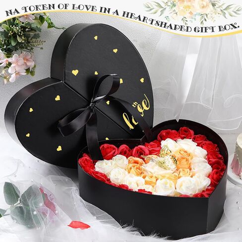 صندوق على شكل قلب لعيد الحب مع شريط من الورق المقوى على شكل قلب، صندوق زهور، صندوق هدايا دوار من الزهور لترتيبات الزهور الفاخرة والهدايا، عيد الأم، عيد ميلاد الزفاف (أسود) in Kuwait