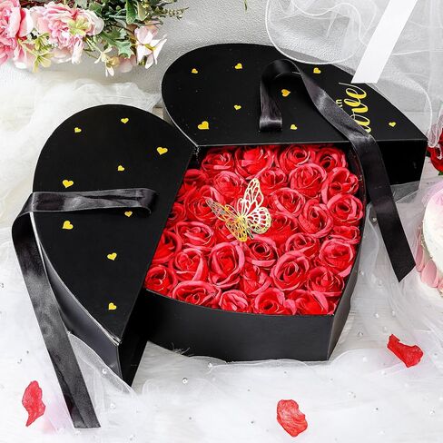 صندوق على شكل قلب لعيد الحب مع شريط من الورق المقوى على شكل قلب، صندوق زهور، صندوق هدايا دوار من الزهور لترتيبات الزهور الفاخرة والهدايا، عيد الأم، عيد ميلاد الزفاف (أسود) in Kuwait