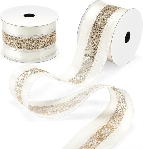 Yuxung 20 Yards 2.5 Inch Christmas Wired Gold Ribbon Satin with Glitter Mesh Lace Middle for Christmas Tree Bows, Wreaths, Gift Wrapping, Crafts, and Home Decor(White and Champagne) in Saudi Arabia