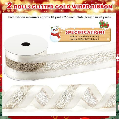 Yuxung 20 Yards 2.5 Inch Christmas Wired Gold Ribbon Satin with Glitter Mesh Lace Middle for Christmas Tree Bows, Wreaths, Gift Wrapping, Crafts, and Home Decor(White and Champagne) in Saudi Arabia