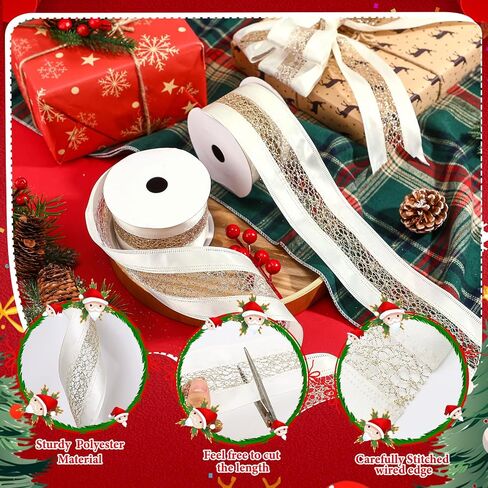 Yuxung 20 Yards 2.5 Inch Christmas Wired Gold Ribbon Satin with Glitter Mesh Lace Middle for Christmas Tree Bows, Wreaths, Gift Wrapping, Crafts, and Home Decor(White and Champagne) in Saudi Arabia