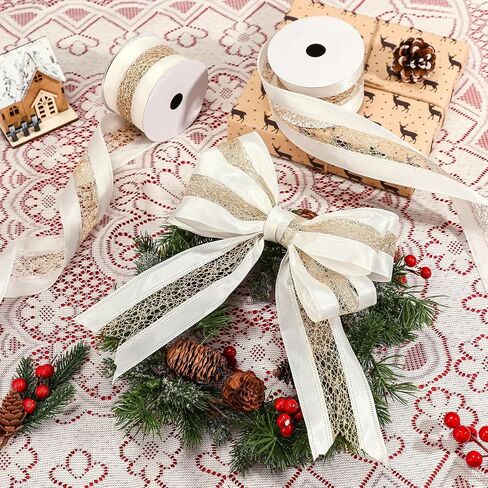 Yuxung 20 Yards 2.5 Inch Christmas Wired Gold Ribbon Satin with Glitter Mesh Lace Middle for Christmas Tree Bows, Wreaths, Gift Wrapping, Crafts, and Home Decor(White and Champagne) in Saudi Arabia