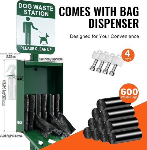 VEVOR Dog Waste Station with Hand Wash Bottle, 11.5 Gallons Pet Waste Bin with 50 Can Liners, Bag Dispenser & 600 Waste Bags, Outdoor Dog Waste Disposal System for Backyard in Saudi Arabia