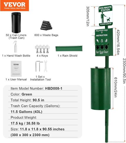 VEVOR Dog Waste Station with Hand Wash Bottle, 11.5 Gallons Pet Waste Bin with 50 Can Liners, Bag Dispenser & 600 Waste Bags, Outdoor Dog Waste Disposal System for Backyard in Saudi Arabia