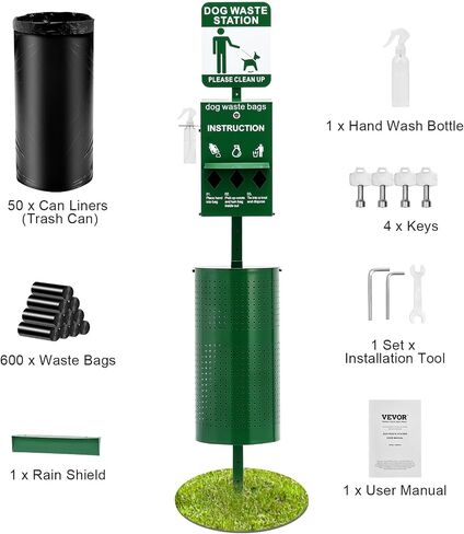 VEVOR Dog Waste Station with Hand Wash Bottle, 11.5 Gallons Pet Waste Bin with 50 Can Liners, Bag Dispenser & 600 Waste Bags, Outdoor Dog Waste Disposal System for Backyard in Saudi Arabia