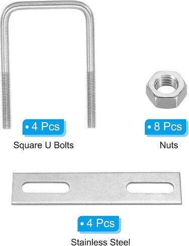 PATIKIL M8x30x60mm Square U-Bolts Kit, 4Set 304 Stainless Steel Square U Shaped Bolts Replacement Parts with Frame Plates and Nuts for Ski Board Sailboat Trailer in Saudi Arabia