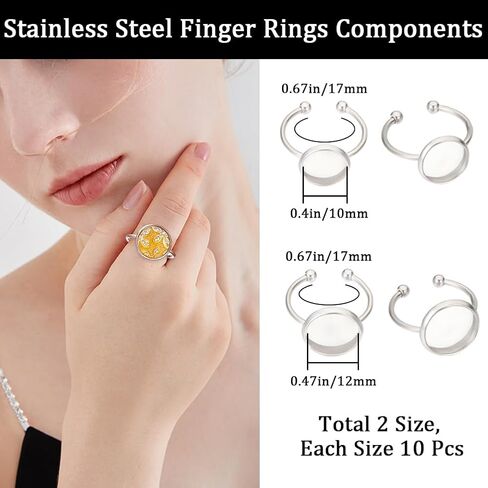 Beebeecraft 1 Box 20Pcs Rings Components Stainless Steel 2 Size Blank Dome Finger Rings 10/12mm Tray Flat Pad Ring Components Open Cuff Bezel Trays Ring for Ring Jewelry Making in Saudi Arabia