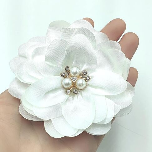 5pcs White Chiffon Lace Fabric Flowers Flat Back Rhinestone Applique Bows for DIY Sewing Craft Party Decoration Hair Clips Accessories Supplies - 3.1" Inch in Kuwait