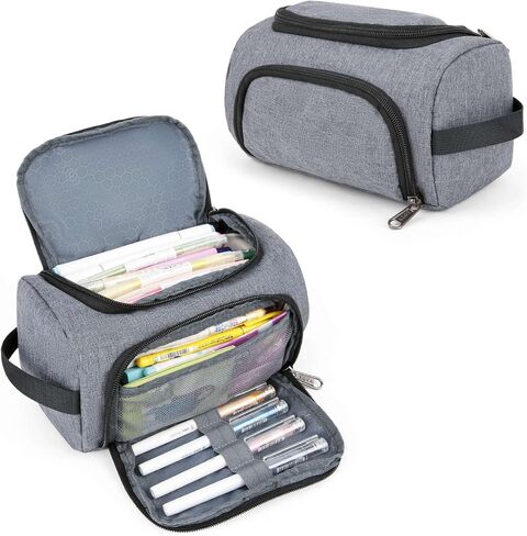 XQXA Large Capacity Pencil Case Organizer, Multifunctional Extra Big Pencil Pouch with Compartmens, Travel Simple Stationery Pen Bag, Fabric Pencil Bag for Men Women Girl Boy (Grey) in Saudi Arabia