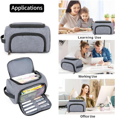 XQXA Large Capacity Pencil Case Organizer, Multifunctional Extra Big Pencil Pouch with Compartmens, Travel Simple Stationery Pen Bag, Fabric Pencil Bag for Men Women Girl Boy (Grey) in Saudi Arabia