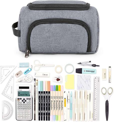 XQXA Large Capacity Pencil Case Organizer, Multifunctional Extra Big Pencil Pouch with Compartmens, Travel Simple Stationery Pen Bag, Fabric Pencil Bag for Men Women Girl Boy (Grey) in Saudi Arabia