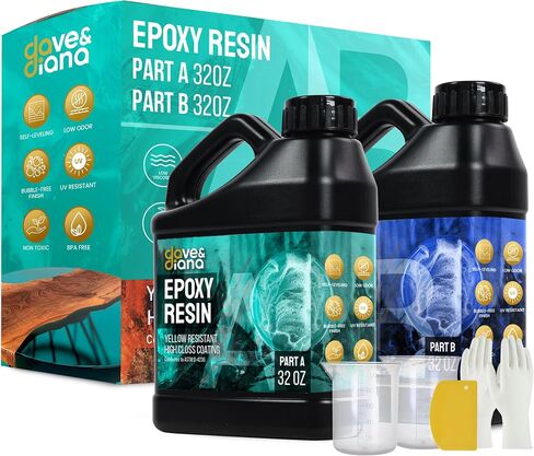 Dave & Diana Crystal Clear Epoxy Resin 32oz – Includes 32oz Each of Resin A and Hardener B, Anti-Yellowing, Wear-Resistant, High Gloss, No-Bubble Casting for Crafts, Jewelry, Woodwork, and Molds in Saudi Arabia