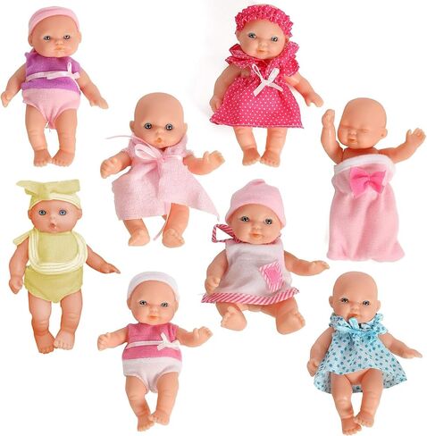 Mommy & Me Baby Doll Set, Mini Baby Dolls, Collection of 8 Assorted 5 Inch Dolls in Colorful Outfits and Matching Accessories Small Baby Dolls for Girls Toddlers and Kids in Saudi Arabia