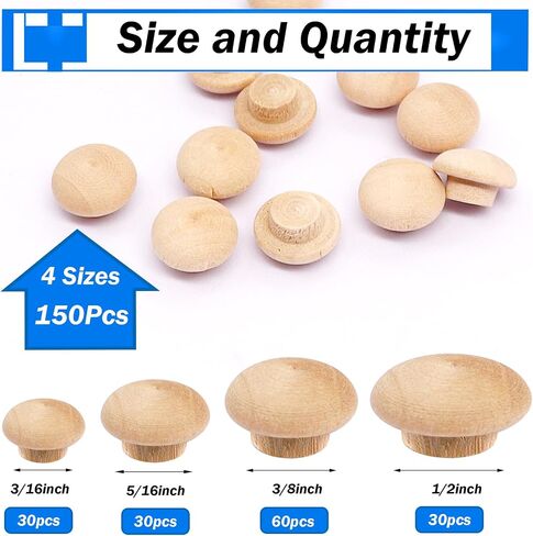 smseace 150Pcs 4-Sizes Wood Plugs 3/16" 5/16"，3/8"，1/2" Wooden Hole Plugs for Holes in Furniture/Table and Chair Legs/Cabinet Reserved Holes/Outdoor Equipment Wood Plugs Assortment Kit in Saudi Arabia