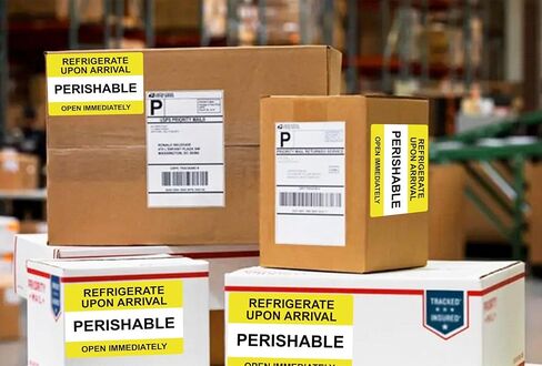 Yellow Self Adhesive Warning Shipping Mailing Labels/Stickers - "PERISHABLE REFRIGERATE Upon Arrival Open Immediately" for Shipping and Packing, 3" Length x 2" Width, Black on Green 250pcs in Saudi Arabia