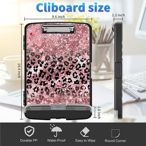 Clipboard with Storage, 8.5x11" High Capacity Nursing Clipboards with Pen Holder and Low Profile Clip, A4 Plastic Storage Clipboard for Nurses, Teachers, Lawers, Pink Glitter Cheetah in Saudi Arabia