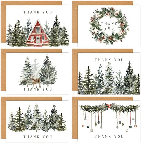 Whaline 36 Packs Christmas Thank You Cards Watercolor Xmas Pine Tree Greeting Cards Winter Forest Blank Note Cards with Envelopes and Stickers for Wedding Birthday Holiday, 4 x 6 Inch in Saudi Arabia