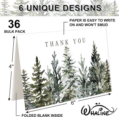 Whaline 36 Packs Christmas Thank You Cards Watercolor Xmas Pine Tree Greeting Cards Winter Forest Blank Note Cards with Envelopes and Stickers for Wedding Birthday Holiday, 4 x 6 Inch in Saudi Arabia