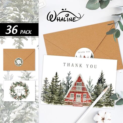 Whaline 36 Packs Christmas Thank You Cards Watercolor Xmas Pine Tree Greeting Cards Winter Forest Blank Note Cards with Envelopes and Stickers for Wedding Birthday Holiday, 4 x 6 Inch in Saudi Arabia