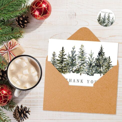 Whaline 36 Packs Christmas Thank You Cards Watercolor Xmas Pine Tree Greeting Cards Winter Forest Blank Note Cards with Envelopes and Stickers for Wedding Birthday Holiday, 4 x 6 Inch in Saudi Arabia