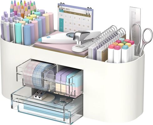 DRQ Desk Organizer with Pencil Pen Holder, 10-Compartment Pen Organizer with 3 Drawers, Plastic Desk Organizers and Accessories for Desktop Organization and Storage, Office Supplies (White) in Saudi Arabia