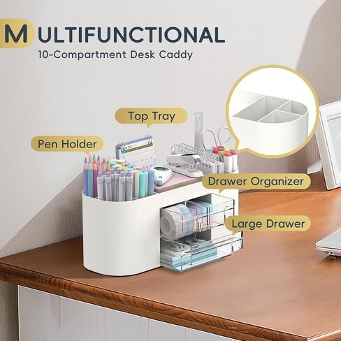 DRQ Desk Organizer with Pencil Pen Holder, 10-Compartment Pen Organizer with 3 Drawers, Plastic Desk Organizers and Accessories for Desktop Organization and Storage, Office Supplies (White) in Saudi Arabia