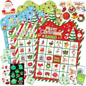 43Pcs Christmas Bingo Games for Kids Adults 24 Players Christmas Bingo Cards with Reward Stickers Christmas Tattoos for Kids Glow in The Dark for Family Party School Indoor Games Activities