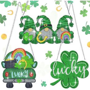 Burbell 3Pcs St. Patrick's Day Diamond Painting Kit Patrick's Green Lucky Shamrock Gnome Truck Diamond Art Kits Hanging Sign 5d DIY Irish Rhinestone Art Painting for Wall Windows Door