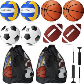 8 Pcs Sports Balls Set Basketball Football Soccer Volleyball Balls Kit with 2 Pcs Sport Equipment Bags and 2 Pcs Pumps for Youth Adult Athletic Outdoor Playground Gifts