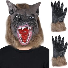 Halloween Horror Mask Latex Wolf Head Mask and Claws Gloves Werewolf Dress Up Mask or Halloween Carnival Cosplay Costume Party
