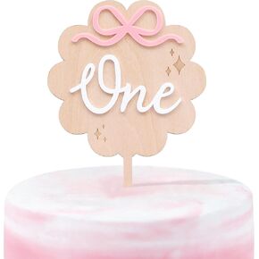 Wood Pink Bow 1st Birthday Cake Topper - Acrylic Pink Bow One Cake Topper, Little Princess Birthday Cake Decoration, Sweet Girl First Birthday Decor Cake Smash, Coquette Themed Bow Cake Topper