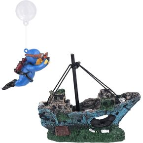 3pcs Aquarium Decorations, Floating Scuba Fish Tank Decor Floating Cartoon Ball & Diver with Shipwreck Goldfish Betta Fish Tank Hideout Aquarium Statue Ornaments Accessories