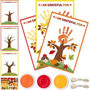 WATINC Fall Thankful Tree Handprint Crafts - 30Pcs DIY Thanksgiving Gratitude Tree with Maple Leaves Stickers, Make Your Own Thank You Greeting Cards Gifts for Mom Dad
