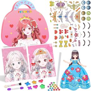 FUGLAD 3 in 1 Paper Craft Kits for Girls - Art Craft Activity Sticker Book Toys with Diamond Painting & Princess Dress Up, Birthday Game Makeup Sets for Kids 4 5 6 7 8 9+ Year Old