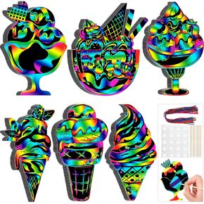 RoundFunny 60 Pieces Lovely Ice Cream Scratch Cards for Kids Rainbow Summer DIY Scratch Card Art Ice Cream Ornament Scratch Crafts Card for Kids Birthday Party Classroom DIY Activities