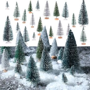 Tigeen 28 Pcs Mini Christmas Bottle Brush Trees 1.6''-5.3'' Artificial Tiny Sisal Snow Trees Miniature Christmas Village Trees Diorama Trees with 3.6 Oz Fake Snow for Winter Town Landscape DIY Craft