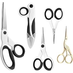 Tailor Sewing Scissors Bundle, 8.2" Sharp Fabric Scissors Heavy Duty with Comfort Grip, 5.1" Detail Embroidery Scissors, 4"Embroidery Scissors, 5.5" Thread Snips,3.7 Stork Shape Sewing Scissors