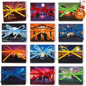 Qpout 36 PCS Religious Christmas Gift Card Holder Boxes with Ribbon,Paper Decorative Wrapped Envelope Gift Card Boxes for Christmas Nativity Bright Night Holiday Gift Decor