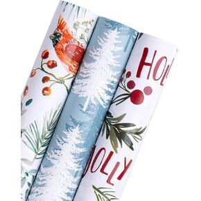 WRAPAHOLIC Kraft Christmas Wrapping Paper Roll - Mini Roll - 3 Rolls - 17 Inch x 120 Inch Per Roll - Wild Animals Winterfall Watercolor Holiday Collection
