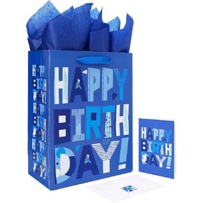 13" Large Blue Gift Bags Set with Greeting Card and Tissue Papers (Blue Happy Birthday) for Men's Birthday Party,Kids' Parties, Baby Shower, or Baby Boy - 13"x10.2"x5.2", 1 Pcs