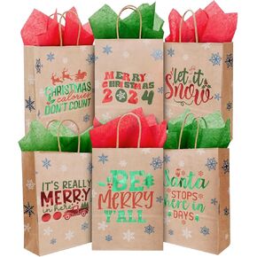 Linelglobal Christmas Kraft Paper Bag Small Holiday Gift Bag with Wrapping Tissue for Xmas 24 Pack 9"