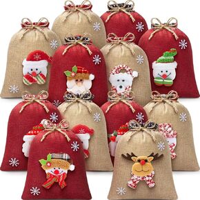 12Pcs Christmas Gift Doll Bags with Drawstring, 8x10in 3D Christmas Goody Gift Bags Small Fabric Xmas Candy Bags, Burlap Treat Bags Christmas Gift Wrapping Bags Holiday Party Favors Decor Santa Sacks