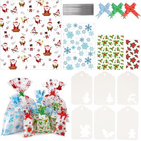 Zhanmai 130 Pcs Christmas Gift Bags Assorted Sizes Christmas Bags For Gifts Small/Medium/Large/Extra Large Xmas Gift Bags with Bows Ties Gifts Tags 4 Designs for Xmas Present Wrapping Gift Bag Bulk
